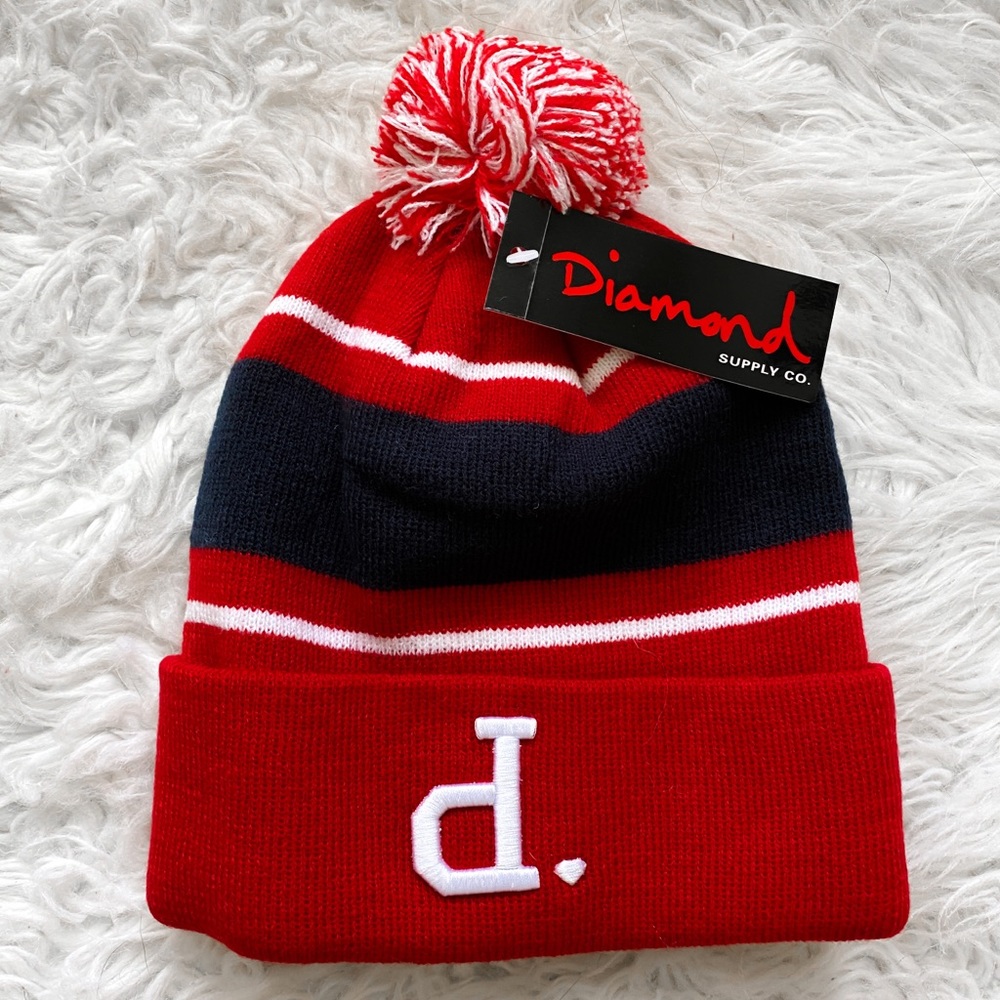 Diamond supply red striped winter beanie